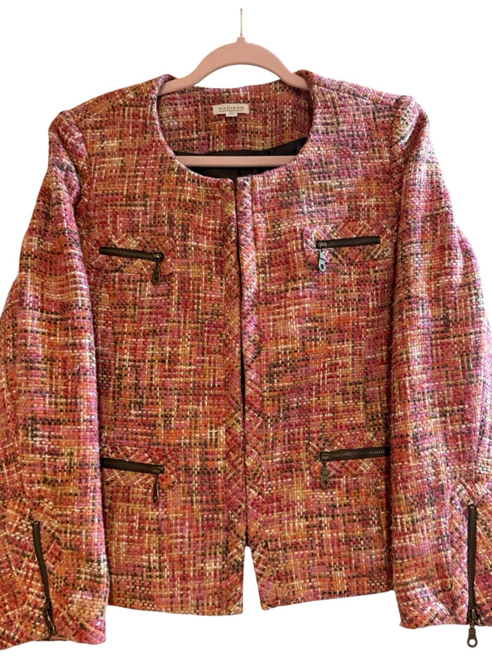 Madison Size 12 Multicolor Tweed Moto Jacket Pink Zip Pockets